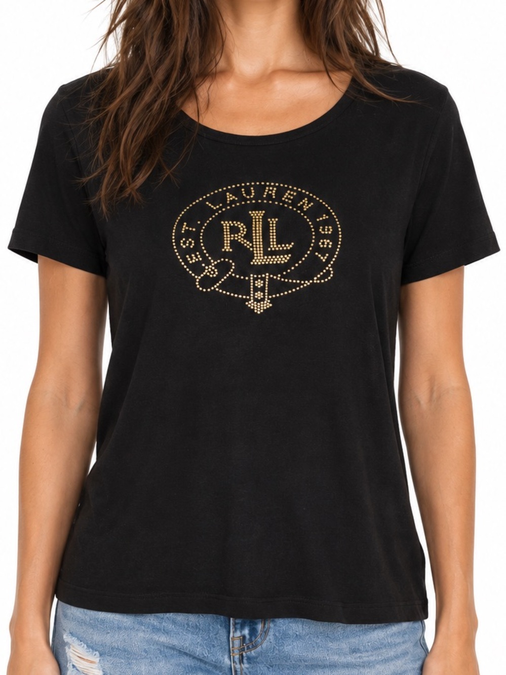 Lauren Ralph Lauren Vintage Y2K Black Gold Micro Stud Crest Tee L